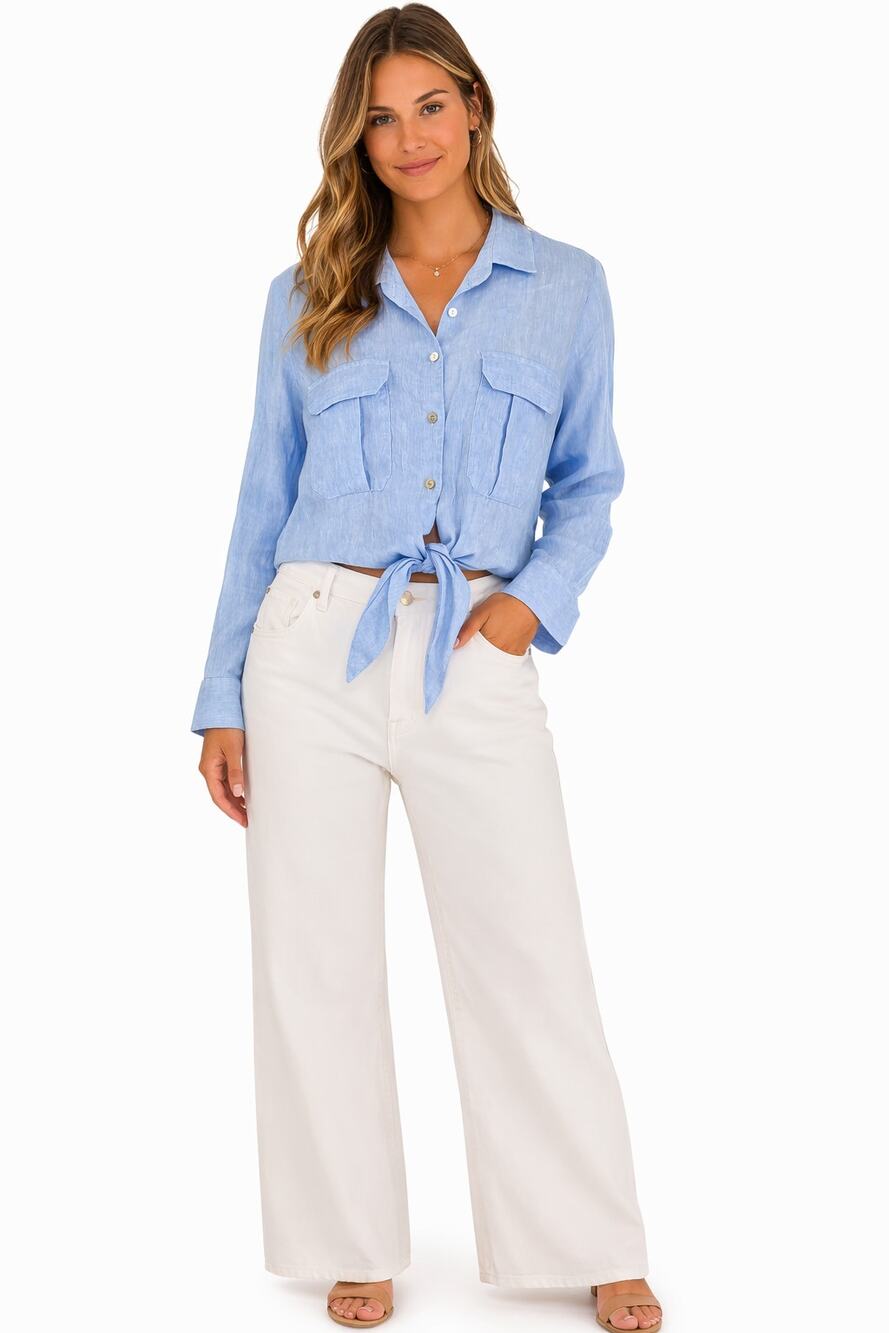 Orchidea Linen Cropped Long Sleeve Shirt Blue Womens Size Large